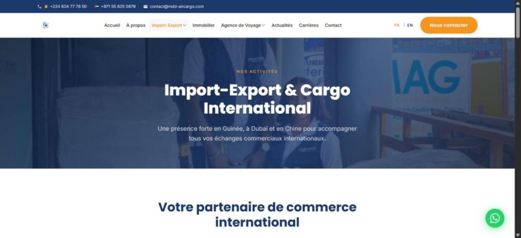 Une page par métier : import-export et cargo international ont leur propre parcours.