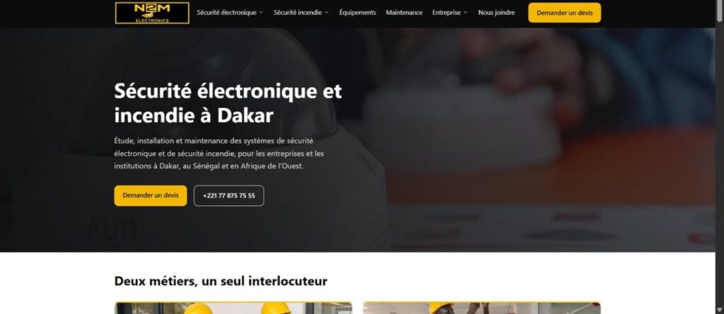 L'accueil : deux métiers distincts, sécurité électronique et sécurité incendie, séparés dès la navigation.