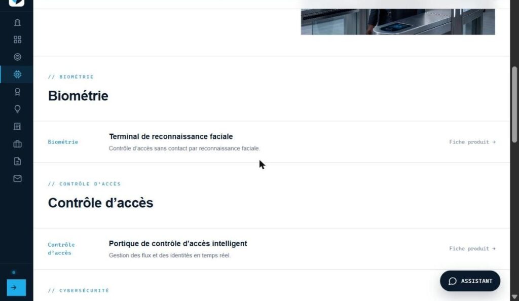 Le catalogue rangé par famille — biométrie, contrôle d'accès, cybersécurité, drones : chaque produit mène à sa fiche et à une demande de devis.