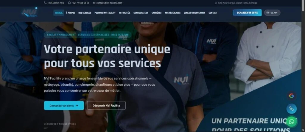L'accueil : les huit métiers annoncés ensemble, avec le configurateur et les zones d'intervention dans la navigation.
