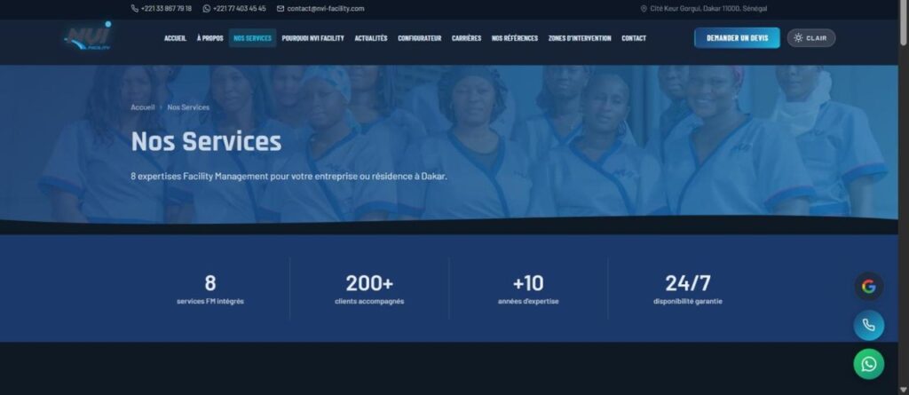 Le hub des huit métiers : chacun a sa fiche, et les chiffres clés sont administrables depuis WordPress.
