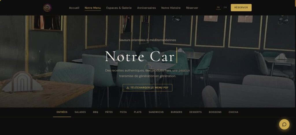 La carte en ligne, rangée par catégories et administrable — plus le menu en PDF à télécharger.